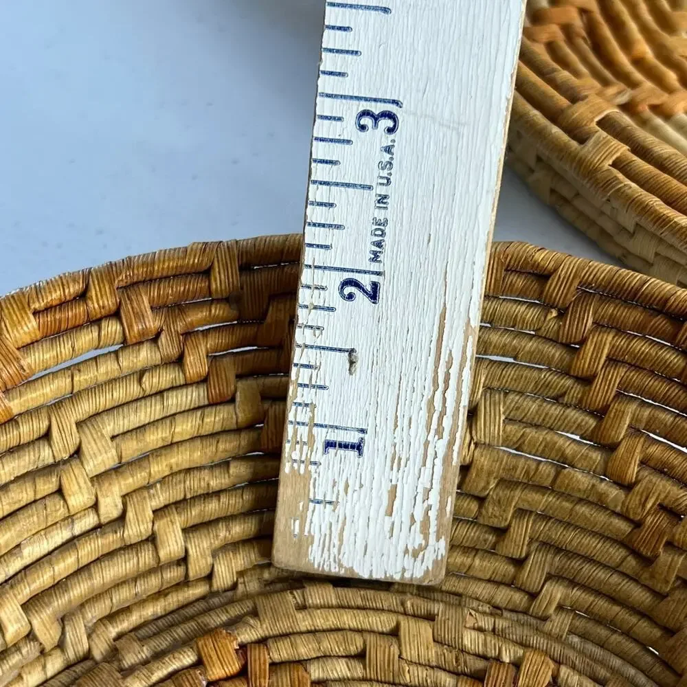 Set of 2 Round Coiled Woven Natural Baskets Double Handles Decor